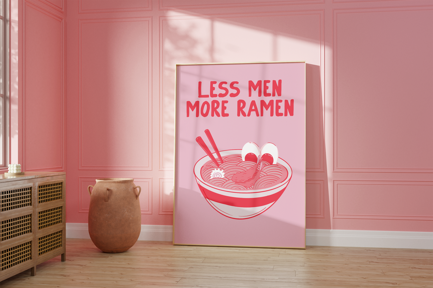 Little Bu Art Print - "Less Men, More Ramen" | Japanese Food Typography Wall Art | Funny Kitchen Decor