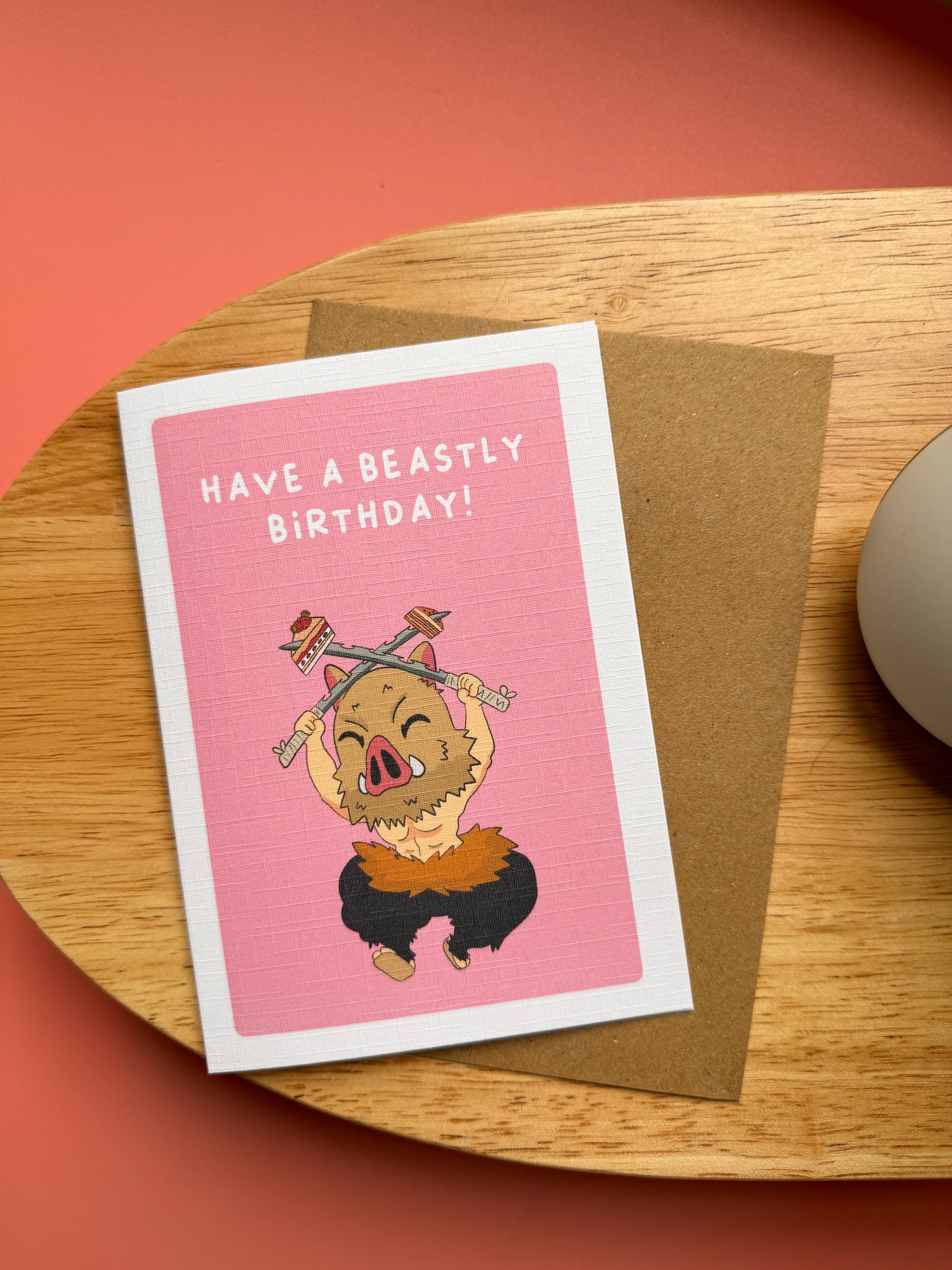 "Have a Beastly Birthday!" - Demon Slayer Inosuke-Inspired Greeting Card
