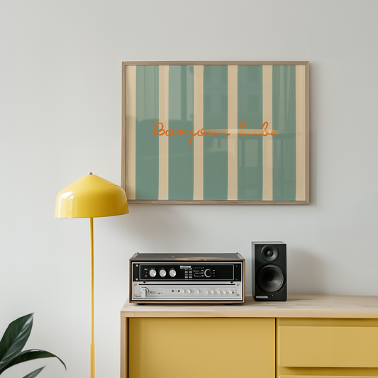 Little Bu Art Print - "Bonjour Babe" | French Typography Print | Modern Striped Wall Art